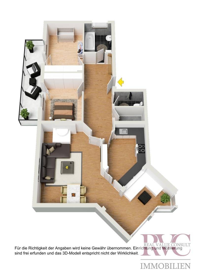 Dreidimensionaler Grundriss einer Wohnung mit Balkon, Küche und mehreren Zimmern.