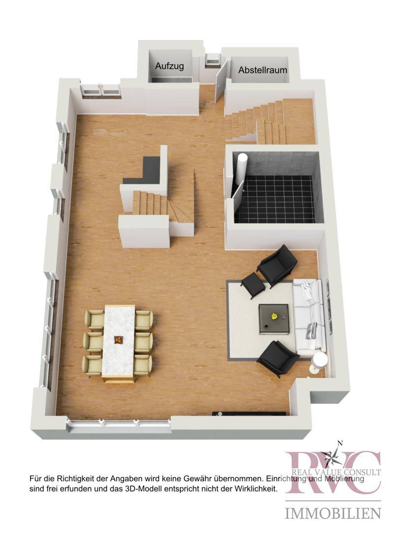 Grundriss einer offenen Wohnetage mit Essbereich, Wohnzimmer und Treppenaufgang.