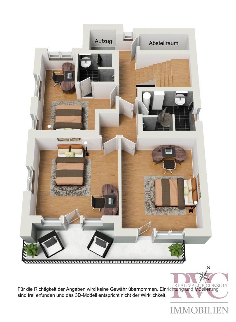Grundriss einer Etage mit drei Schlafzimmern, zwei Bädern und Zugang zu einem Balkon.