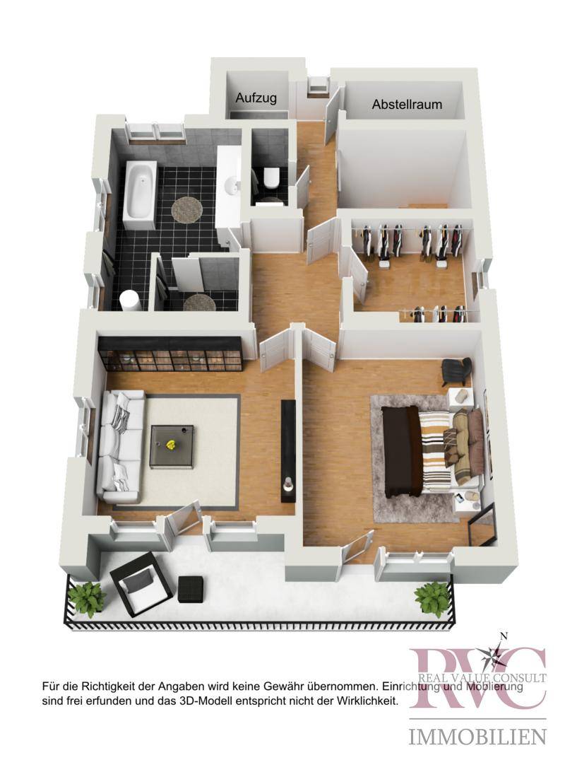 Detaillierter Grundriss einer Wohnung mit Wohnbereich, Schlafzimmer und zwei Bädern.