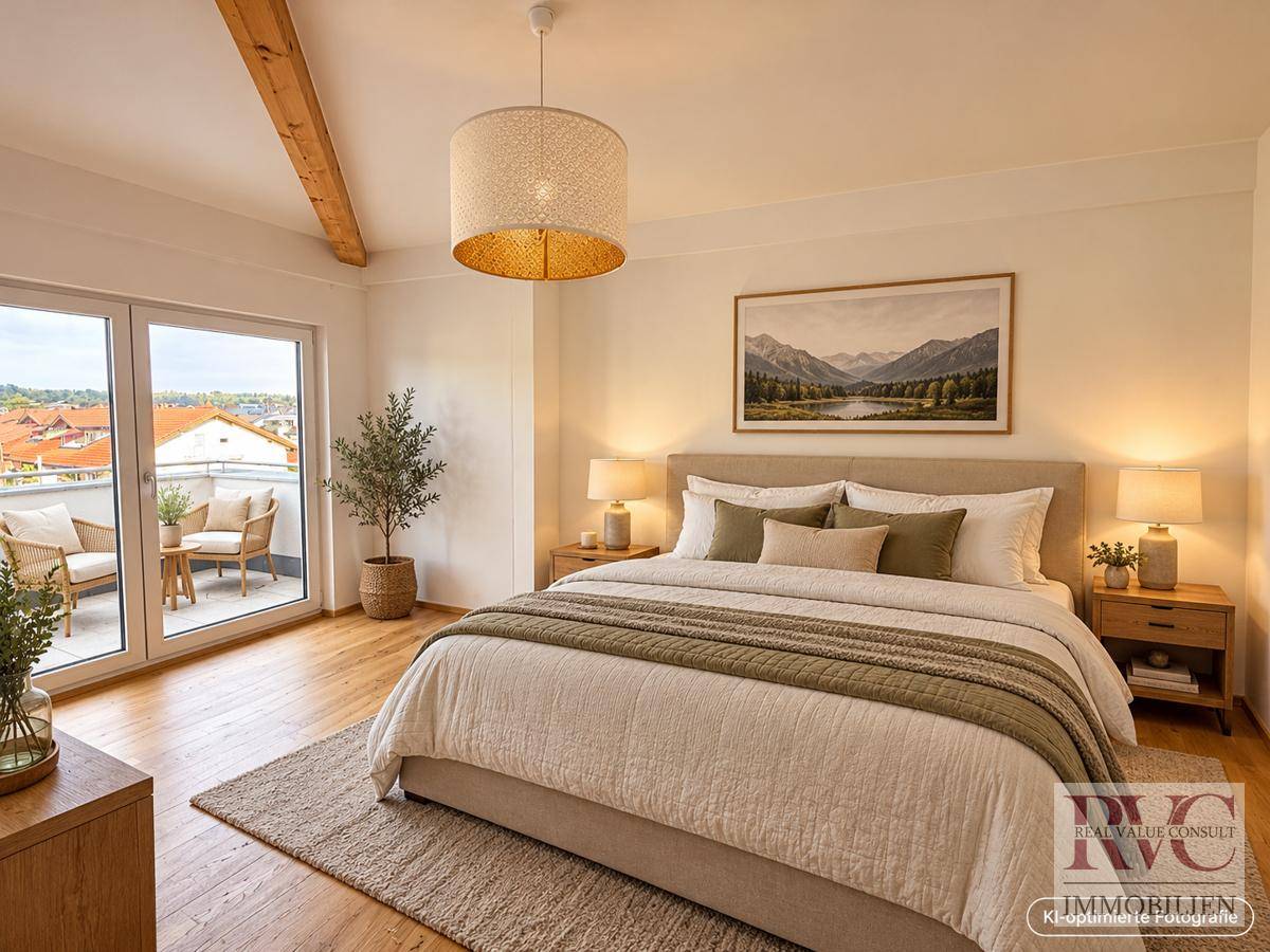Helles Schlafzimmer mit Holzboden, freiliegendem Holzbalken und Zugang zu einem möblierten Balkon mit Bergblick.