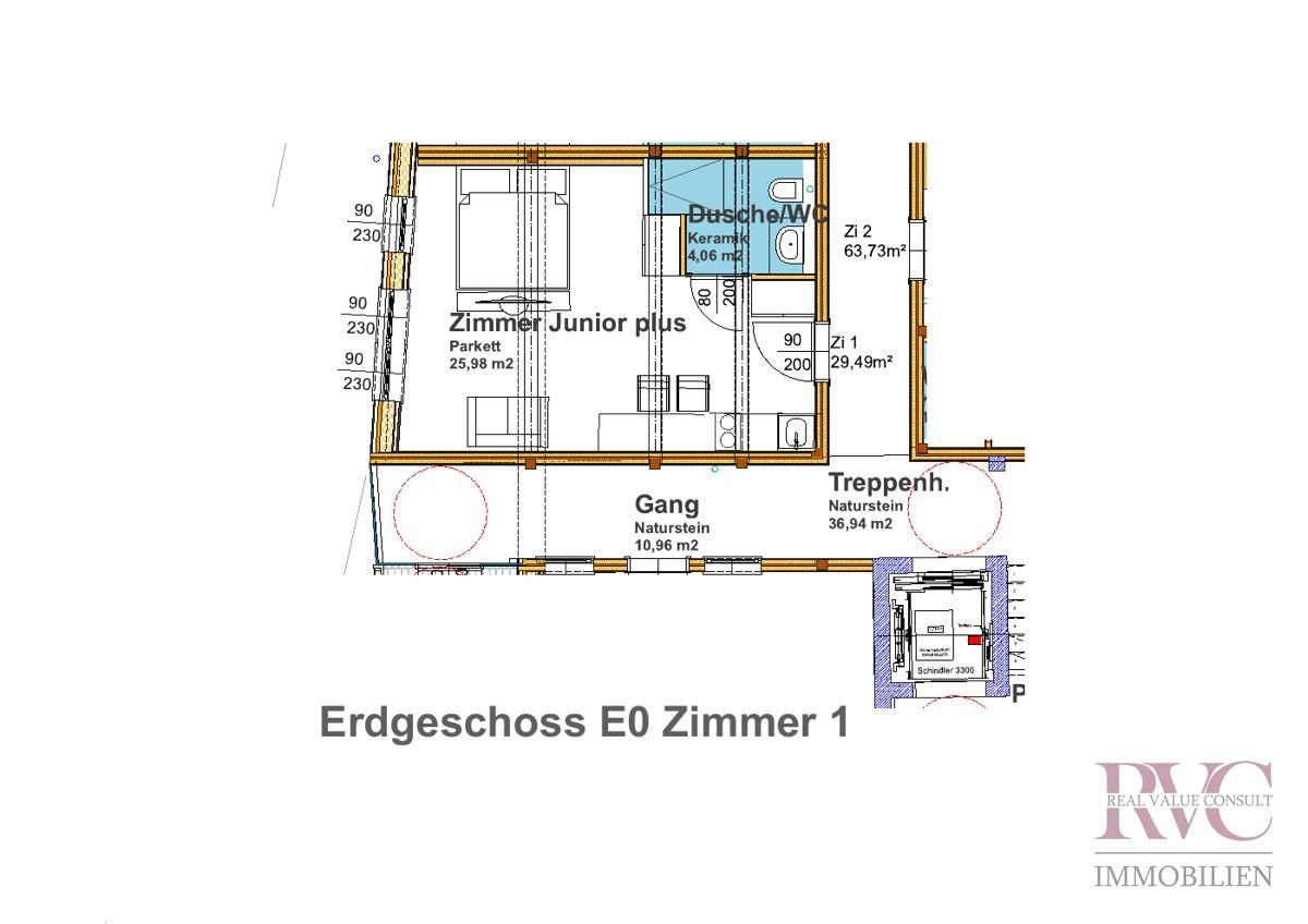 Grundrissplan eines Zimmers mit integriertem Bad und angegebenen Flächen.