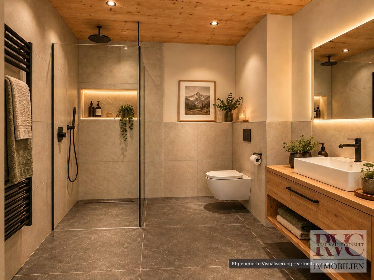 Modernes Badezimmer mit begehbarer Dusche, Holzwaschtisch und Fliesenboden unter einer Holzdecke.