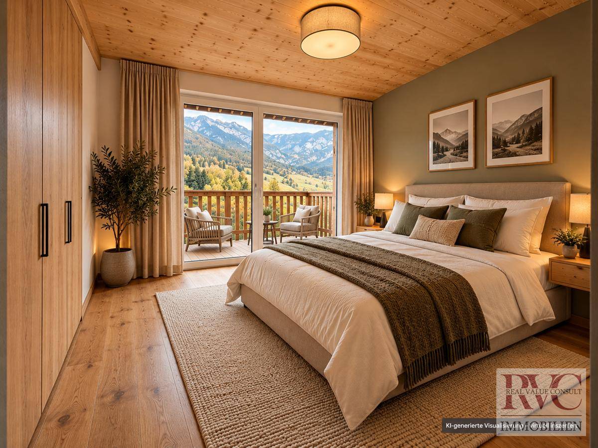 Alpine Schlafzimmer mit Bergblick