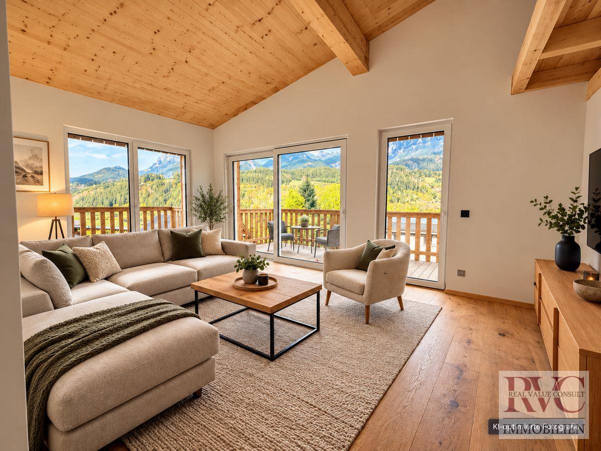 Helles Wohnzimmer mit Holzboden, hoher Holzdecke und großen Fenstern mit Panoramablick auf die Berge.