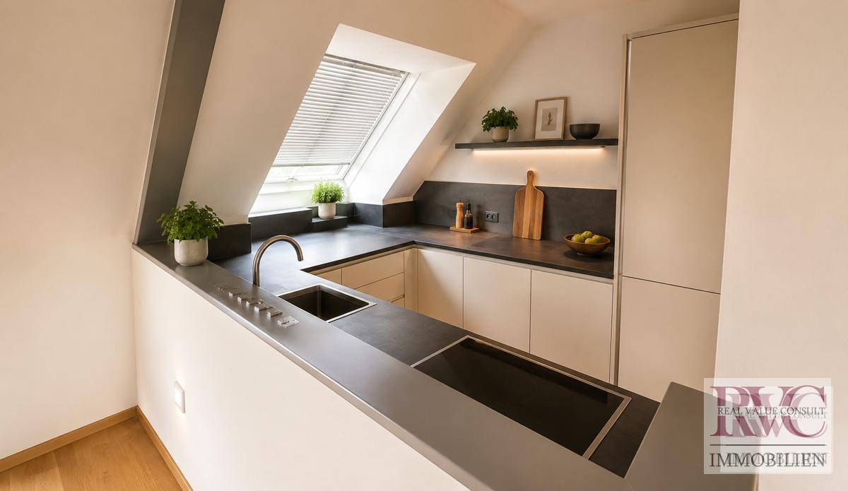 Moderne Küche mit Dachschräge, Dachfenster und dunklen Arbeitsplatten, gut beleuchtet.