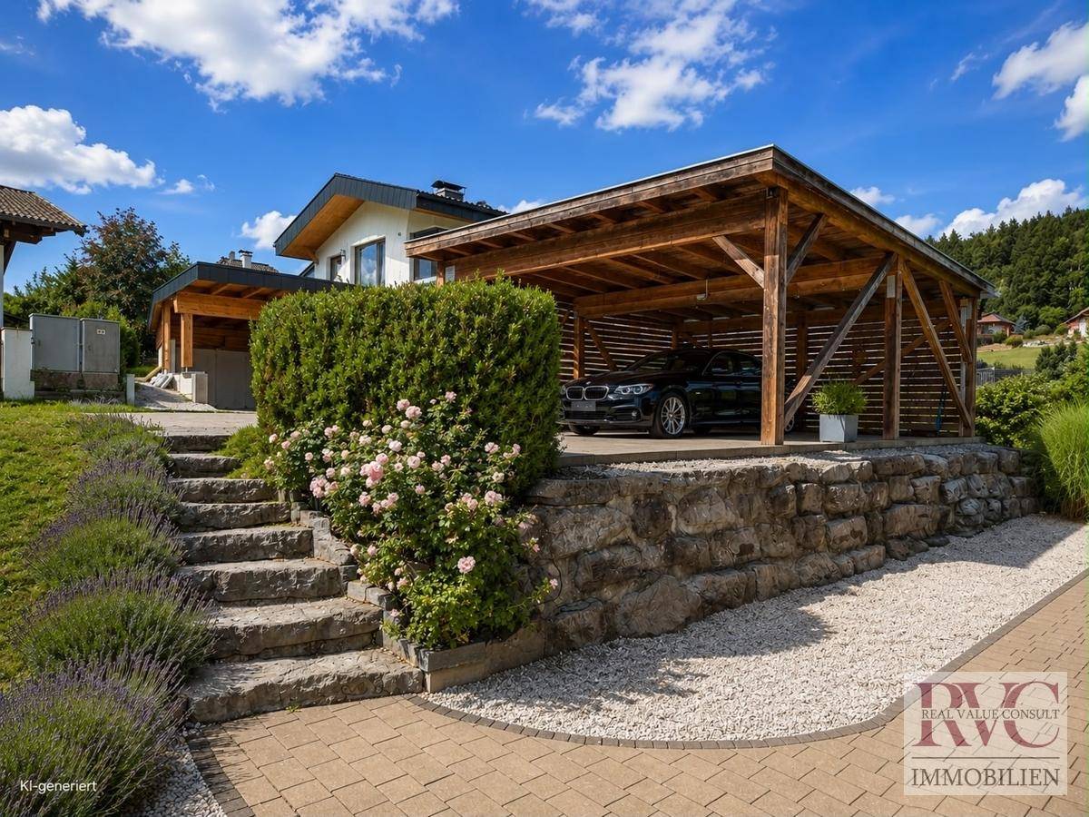 Zufahrt zum Haus mit Steintreppe und überdachtem Carport für Fahrzeuge.
