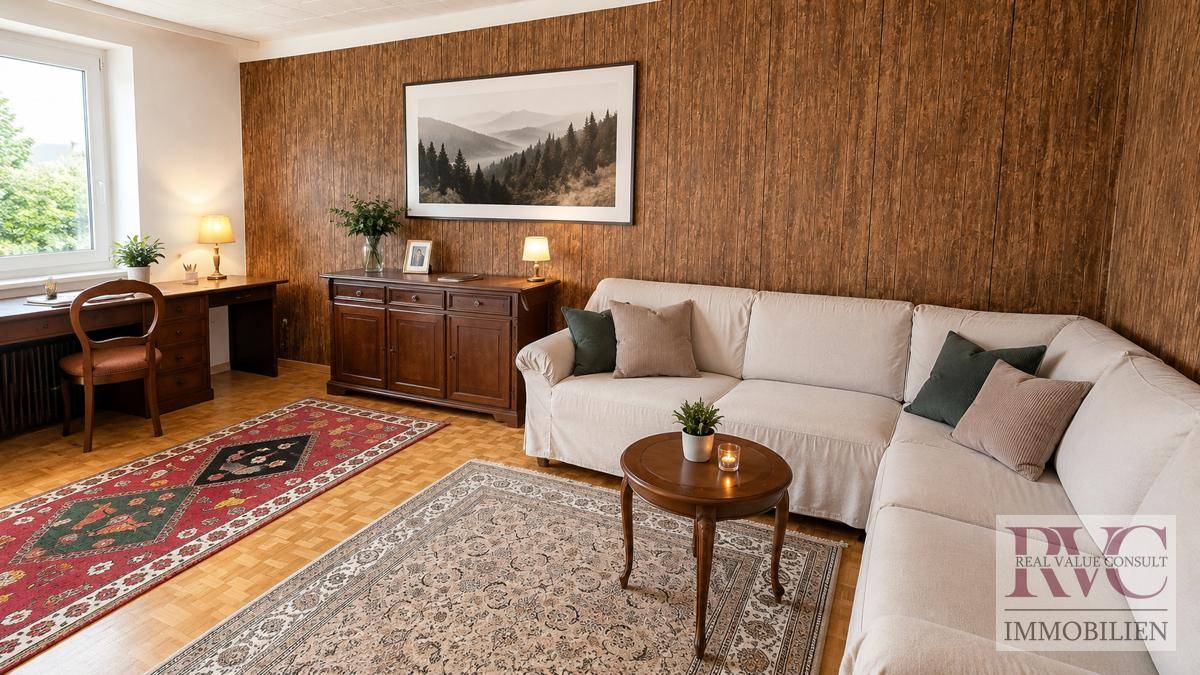 Gemütliches Wohnzimmer mit beiger Couch, dunklen Holzmöbeln und gemusterten Teppichen.