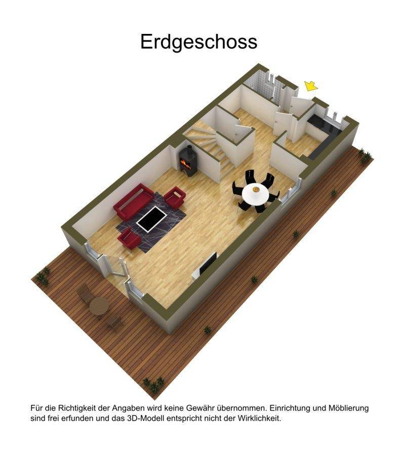 Grundriss des Erdgeschosses mit offenem Wohnbereich, Kamin und Zugang zur Terrasse.