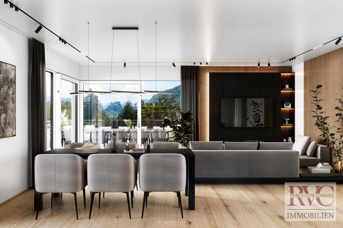 Geräumiger Wohn- und Essbereich mit Holzboden, moderner Beleuchtung und Zugang zur Terrasse.