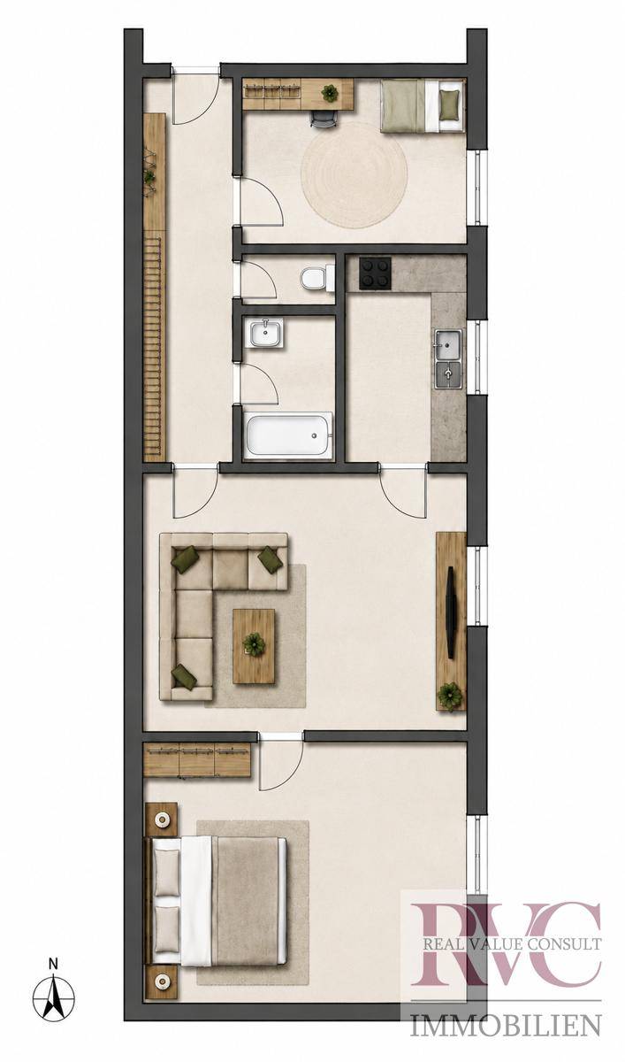 Detaillierter Grundriss der Wohnung mit Schlafzimmern, Bad und offenem Wohnbereich.