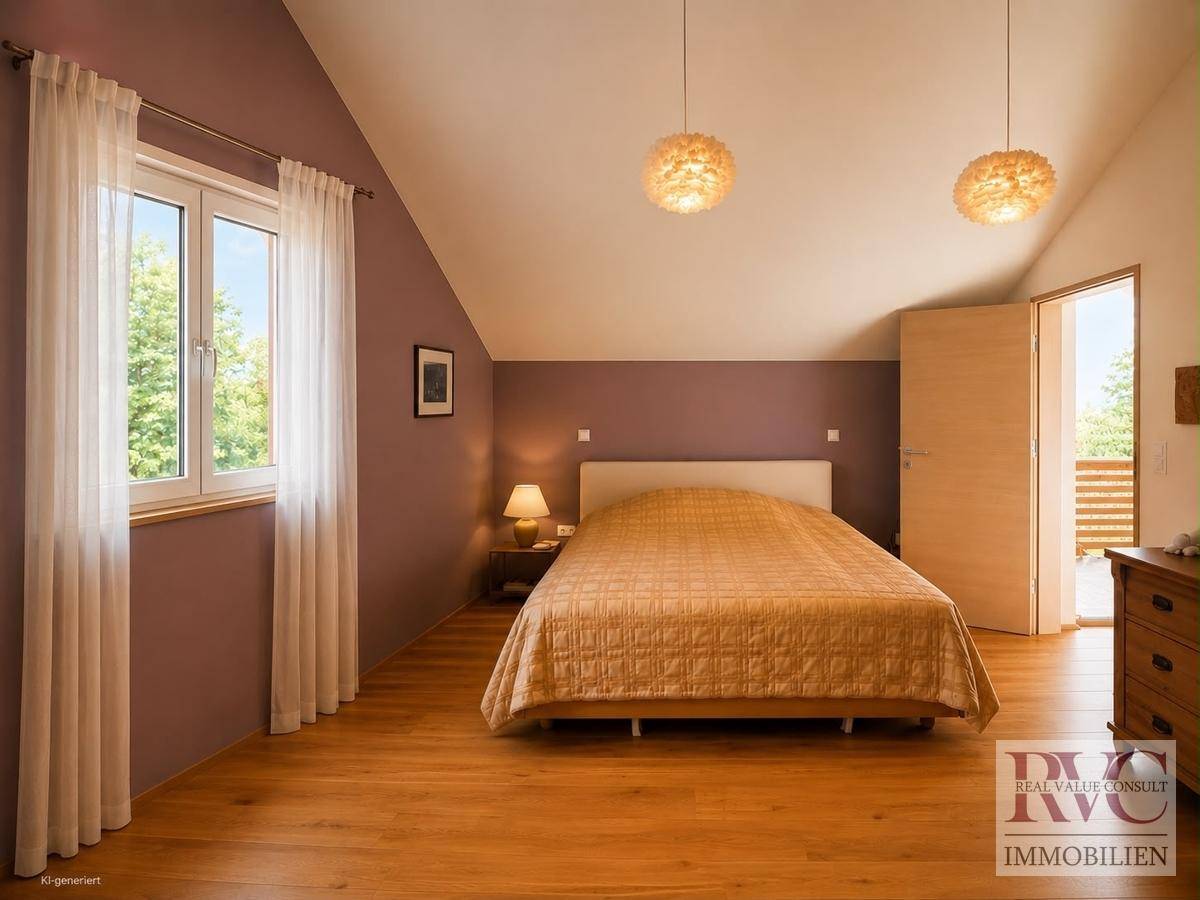 Gemütliches Schlafzimmer mit Holzboden, farbiger Wand und Zugang zum Balkon.