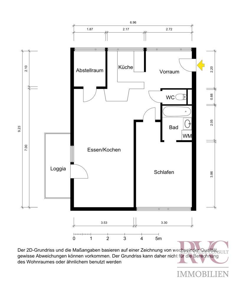 Grundriss der Wohnung mit Loggia, Schlafzimmer, Bad und offenem Wohn-Essbereich.