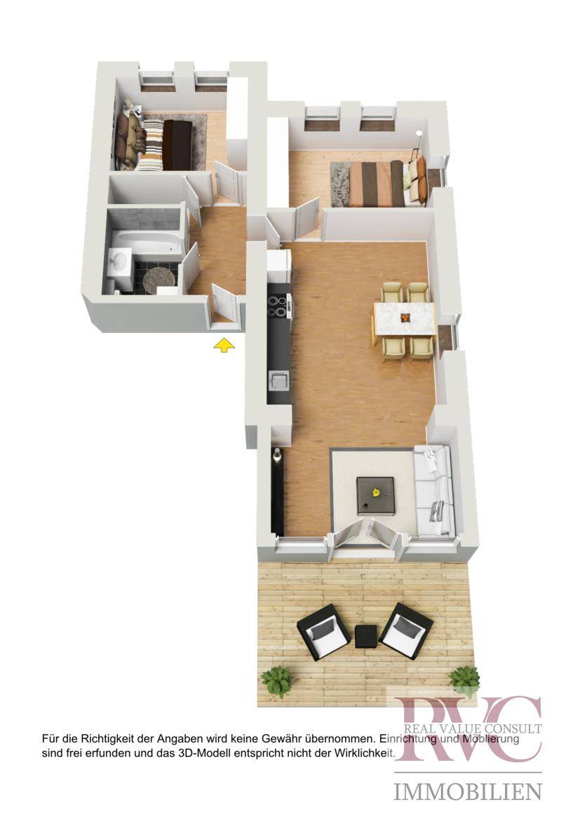 3D-Grundrissvisualisierung mit möblierten Räumen und großer Terrasse.