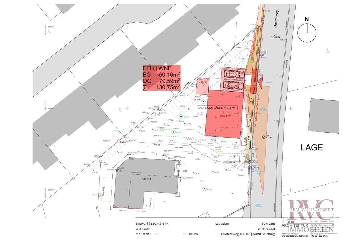 Lageplan des Grundstücks mit eingezeichnetem Gebäude, Carport und Umgebung.