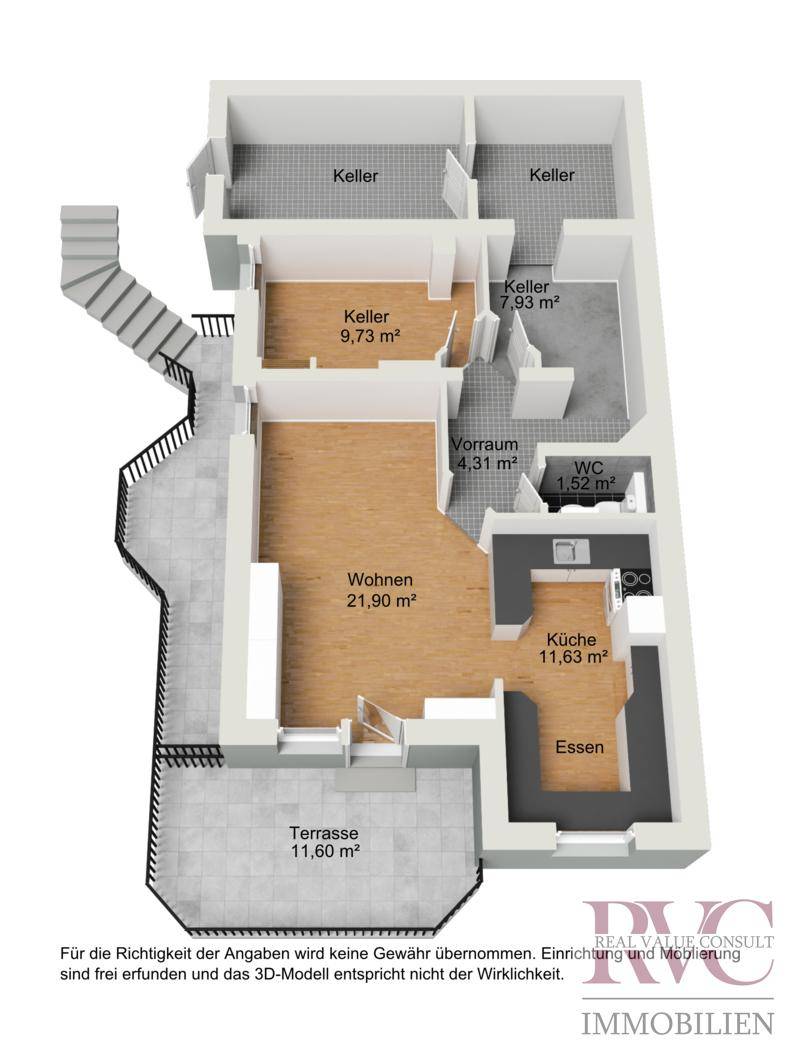 3D-Grundriss des Erdgeschosses mit Wohnzimmer, Küche, Essbereich, WC und großer Terrasse.