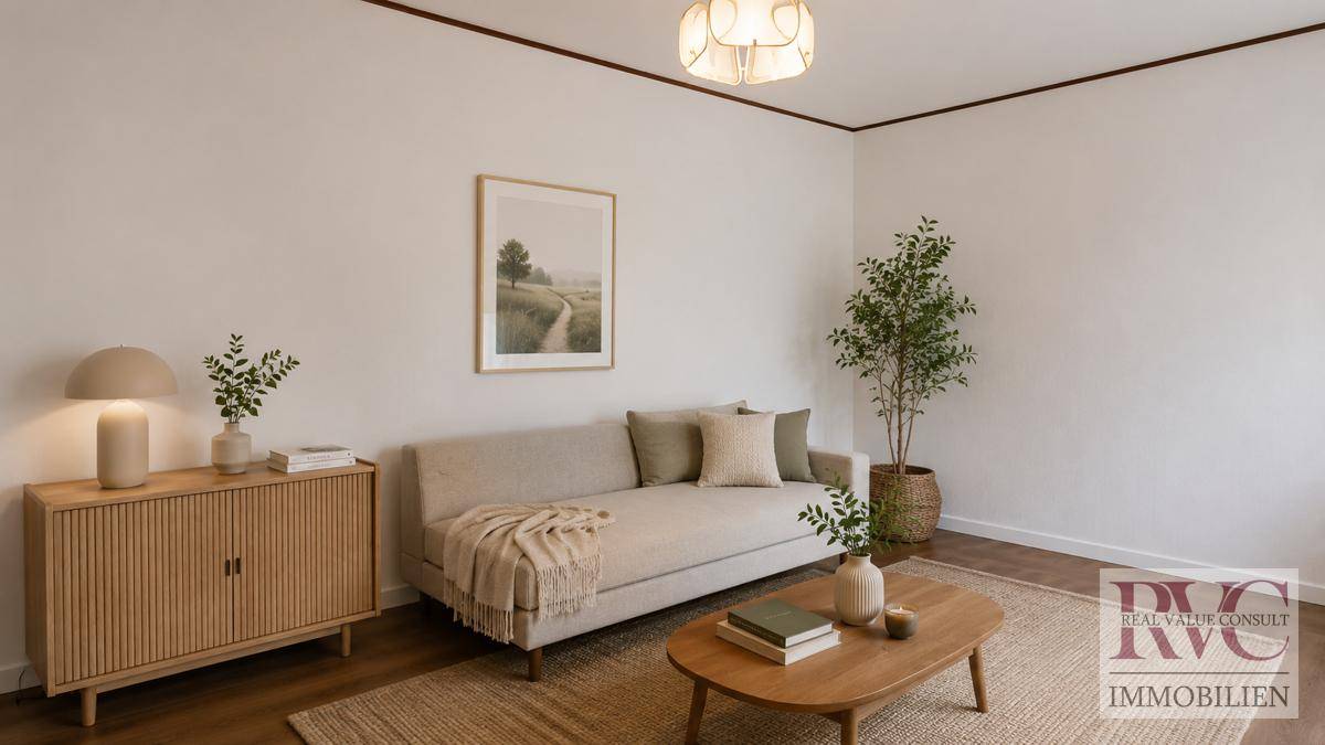 Helles Wohnzimmer mit beigem Sofa, Holztisch und minimalistischer Dekoration, ideal zum Entspannen.