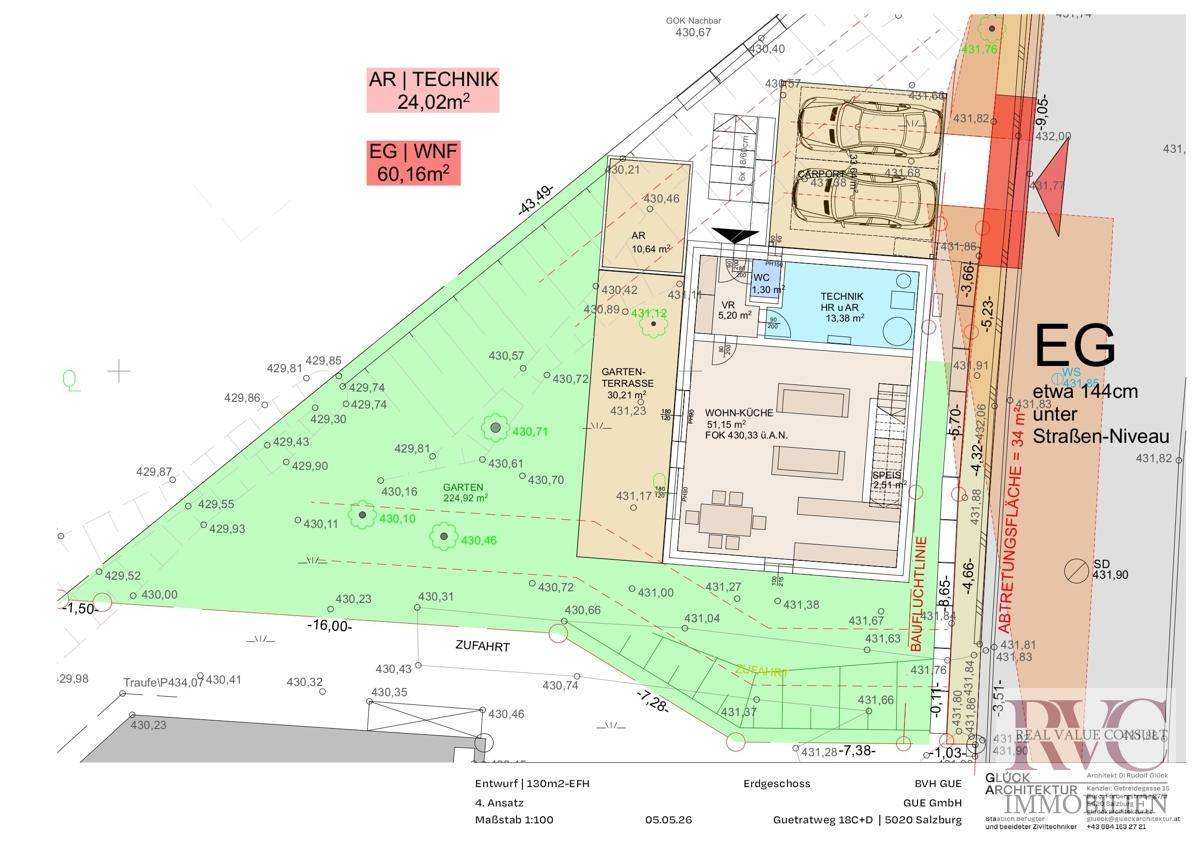 Grundriss des Erdgeschosses mit offener Wohnküche, Gartenterrasse und Carport.