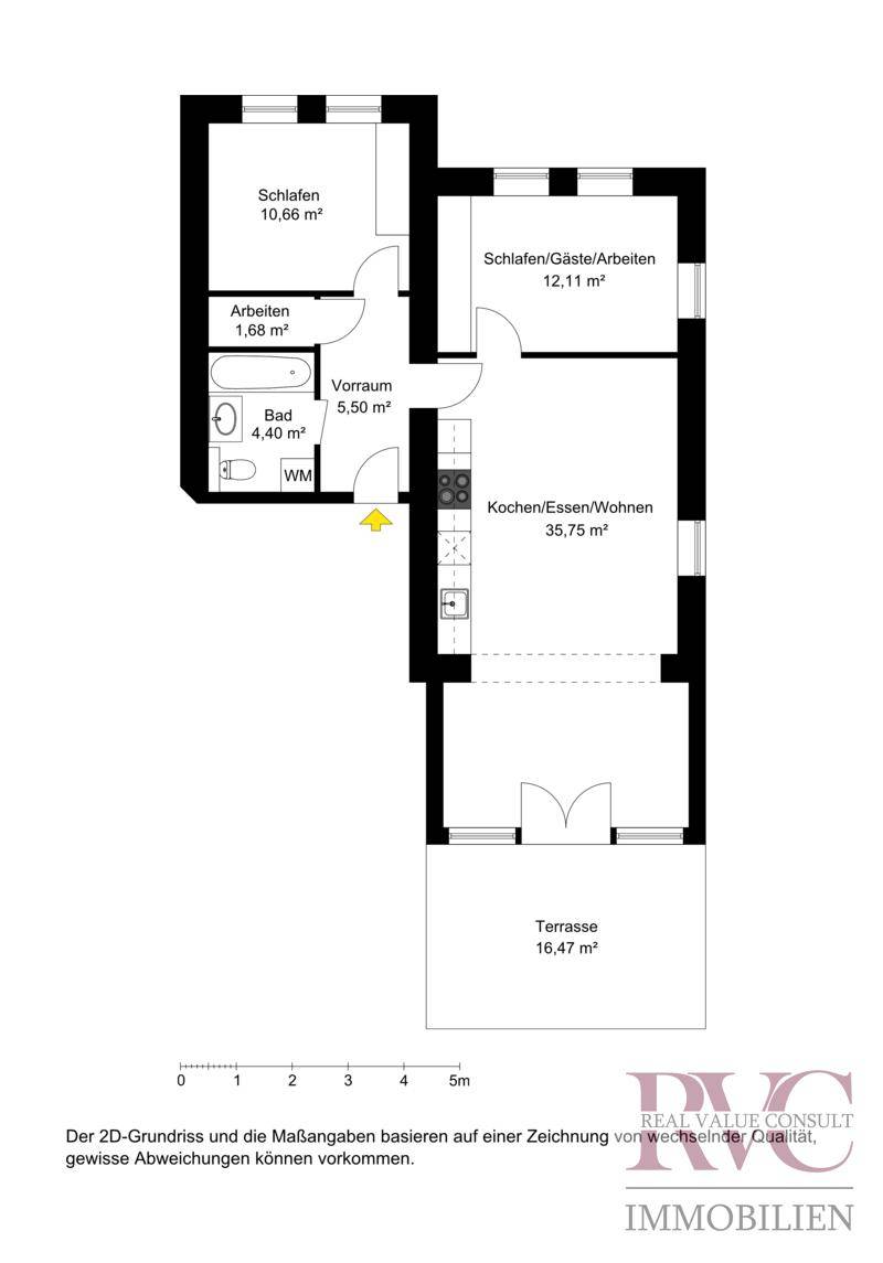 Detaillierter Grundriss mit Schlafzimmern, Bad und offener Wohnküche sowie Terrasse.
