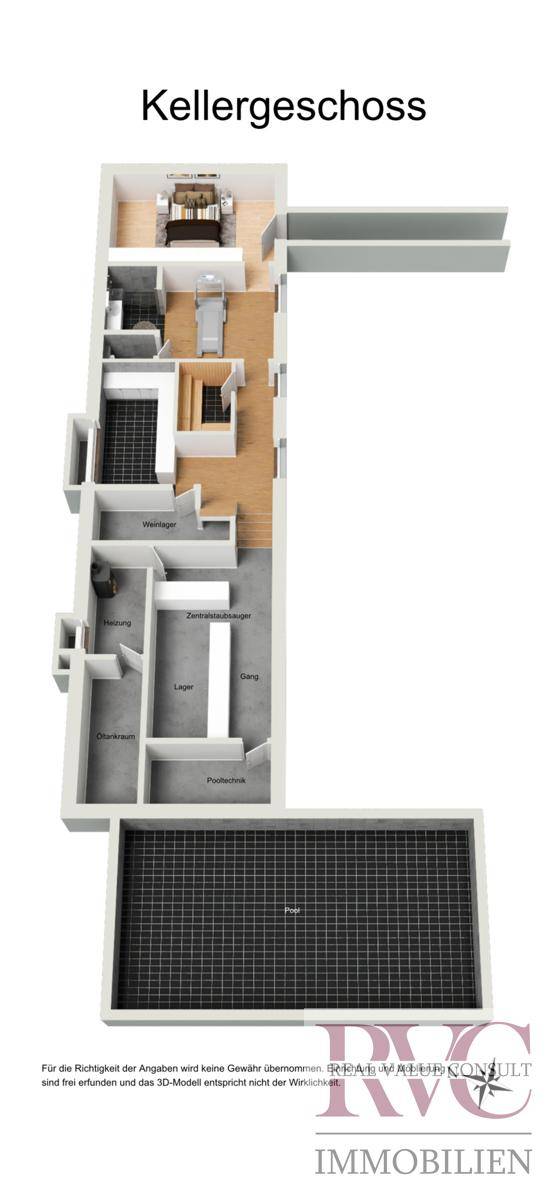 Grundriss des Kellergeschosses mit Fitnessraum, Sauna und Lagerflächen.