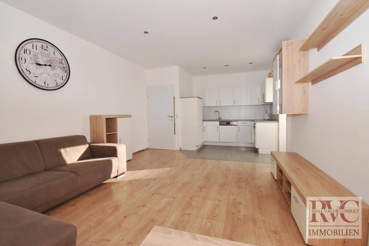 Offener Wohnbereich mit Sofa, Regalen und integrierter Küchenzeile in modernem Design.