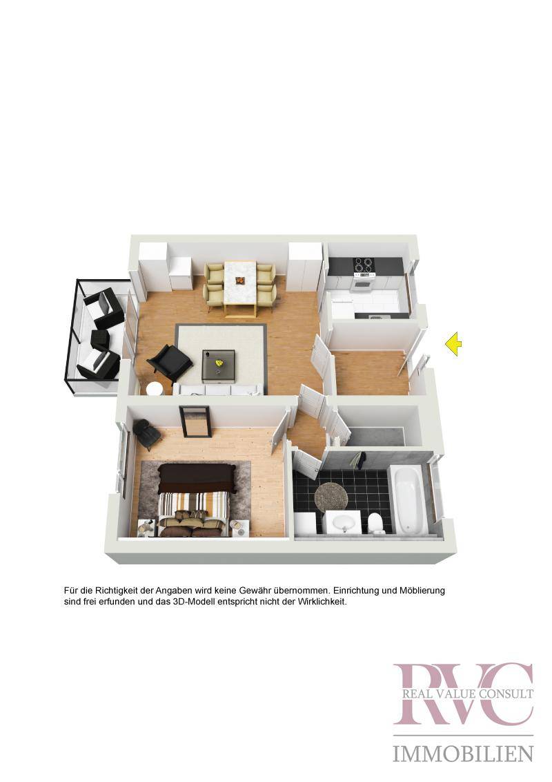 Möblierter 3D-Grundriss einer Wohnung mit Wohn-, Ess- und Schlafbereich sowie Balkon.
