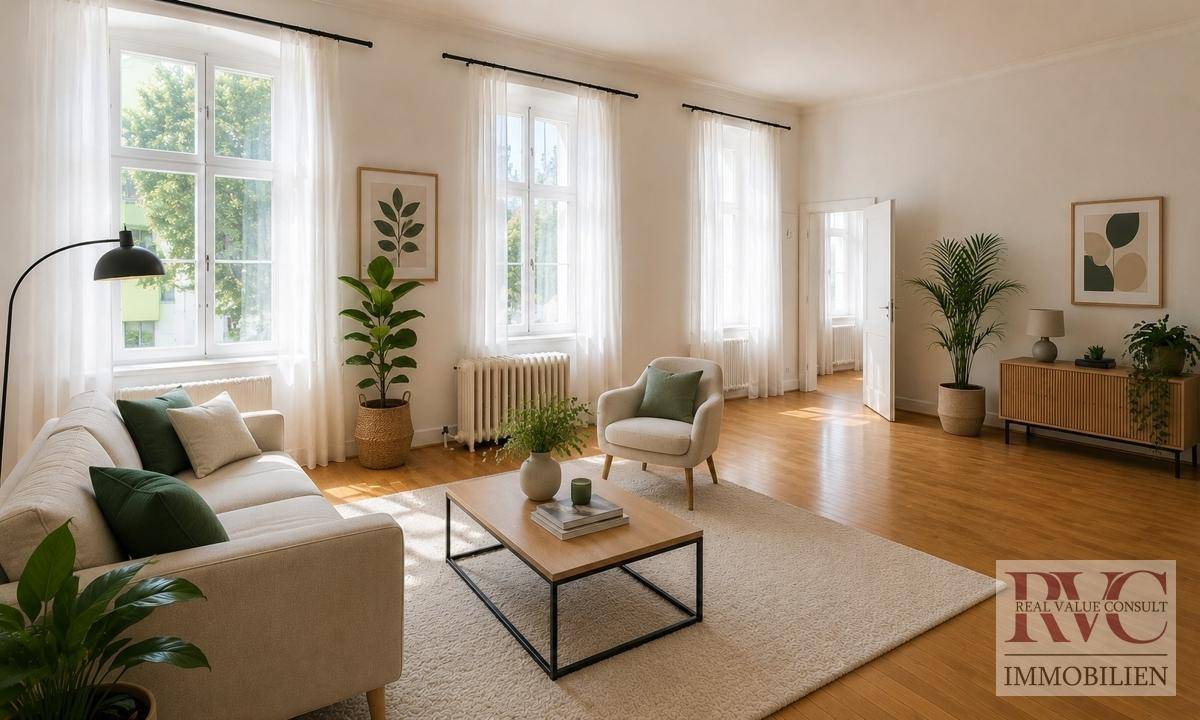 Helles und geräumiges Wohnzimmer mit großen Fenstern, Parkettboden und minimalistischer moderner Einrichtung.