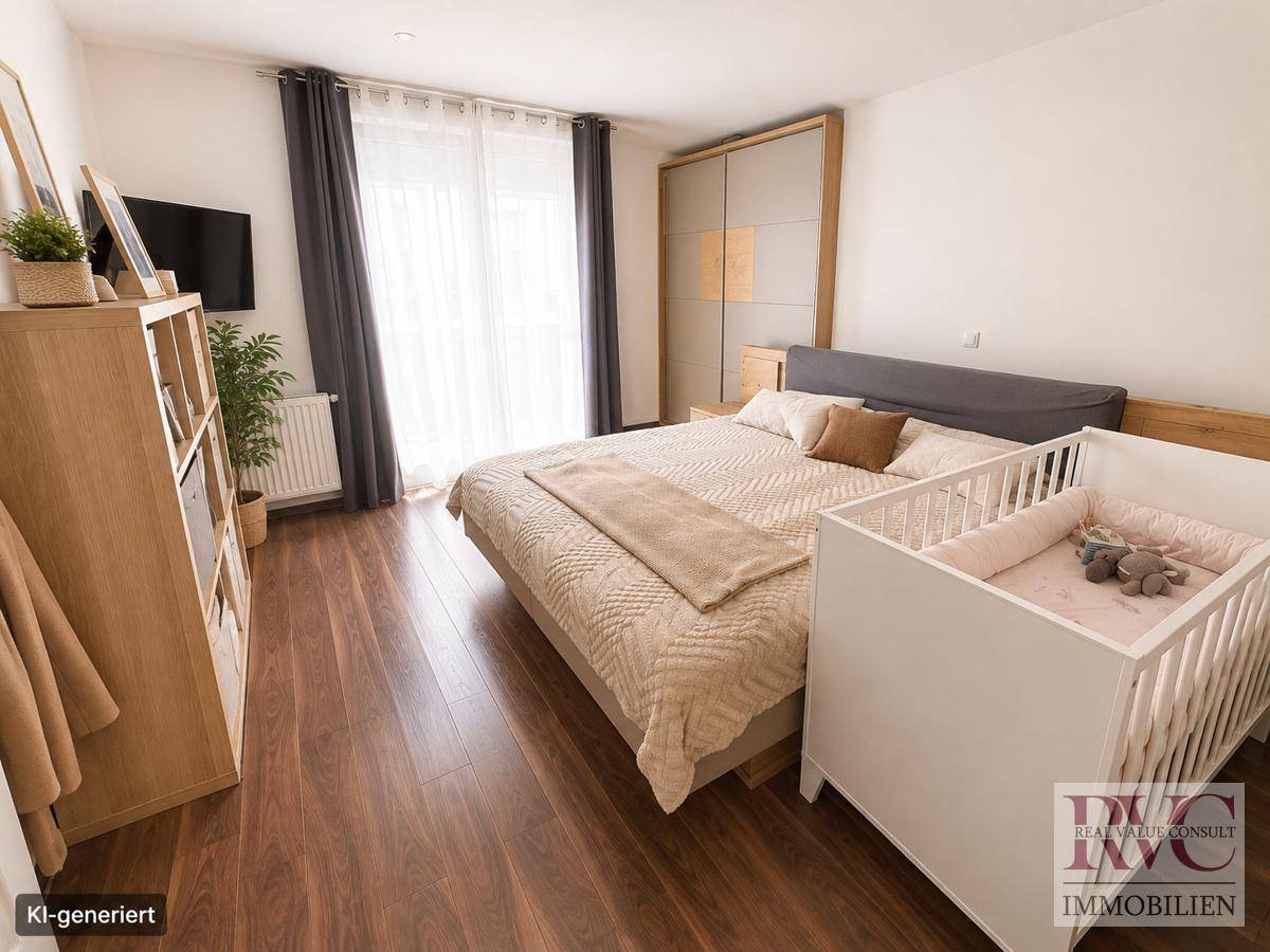 Helles Schlafzimmer mit Doppelbett, Babybett und großem Kleiderschrank.