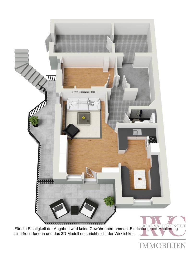 Möblierte 3D-Visualisierung des Erdgeschosses mit Wohnbereich, Küche, Esszimmer und möblierter Terrasse.