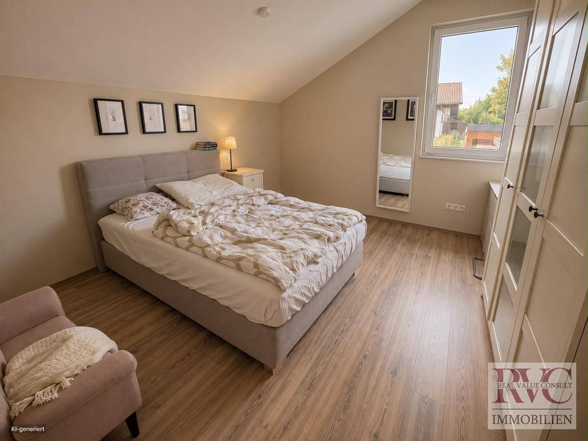 Helles Schlafzimmer mit Holzboden, Dachschräge und großem Fenster.