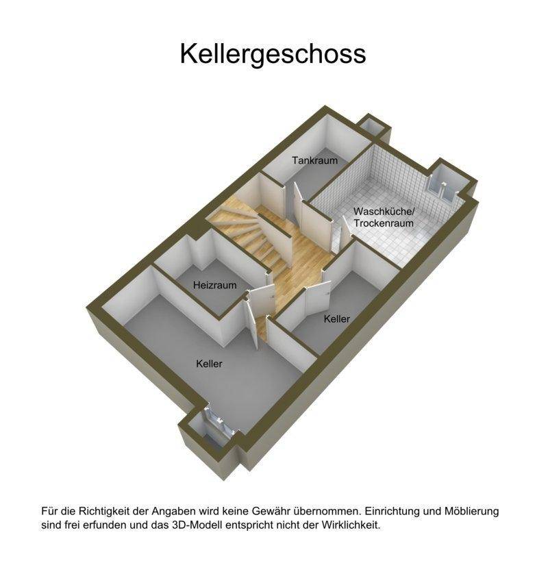 Grundriss des Kellergeschosses mit Heizraum, Waschküche und mehreren Kellerräumen.