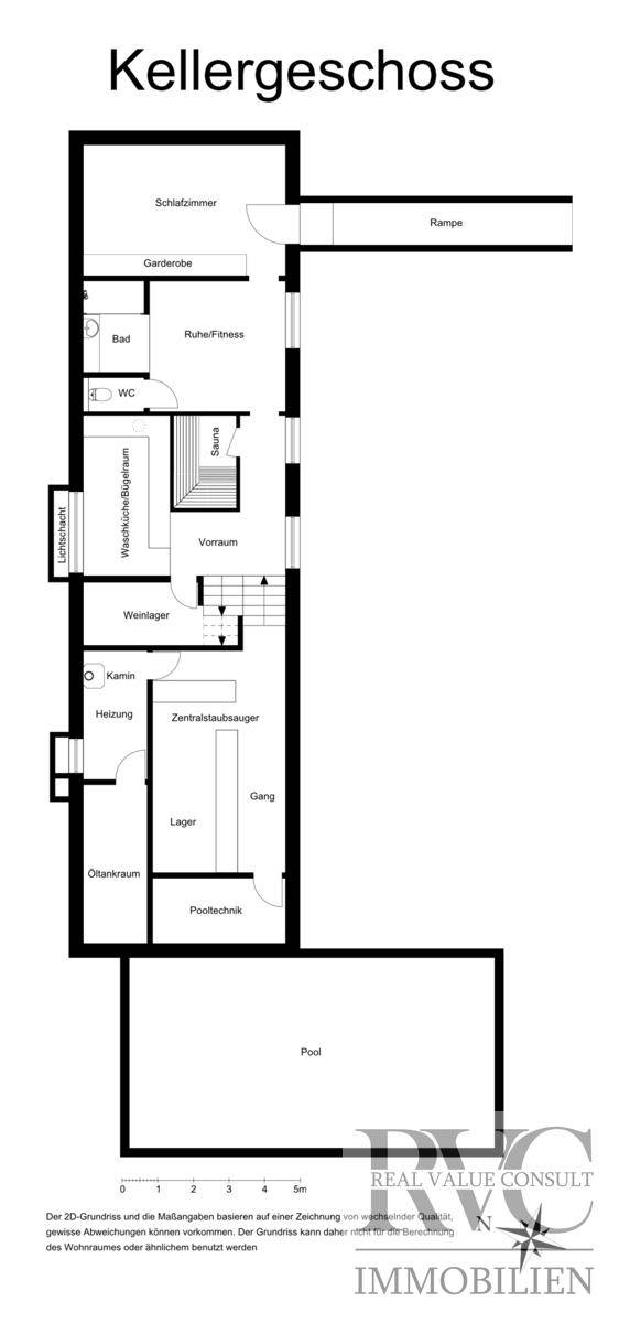 Grundriss des Kellergeschosses mit Schlafzimmer, Bad, Sauna und Technikraum.