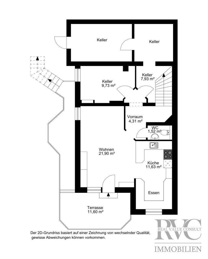 Klarer 2D-Grundriss des Erdgeschosses mit Wohnzimmer, Küche, Essbereich, WC und Terrasse.
