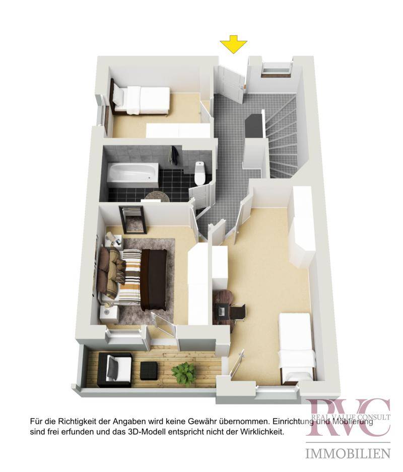 Möblierte 3D-Visualisierung des Obergeschosses mit modernen Schlafzimmern, Bad und Flur.