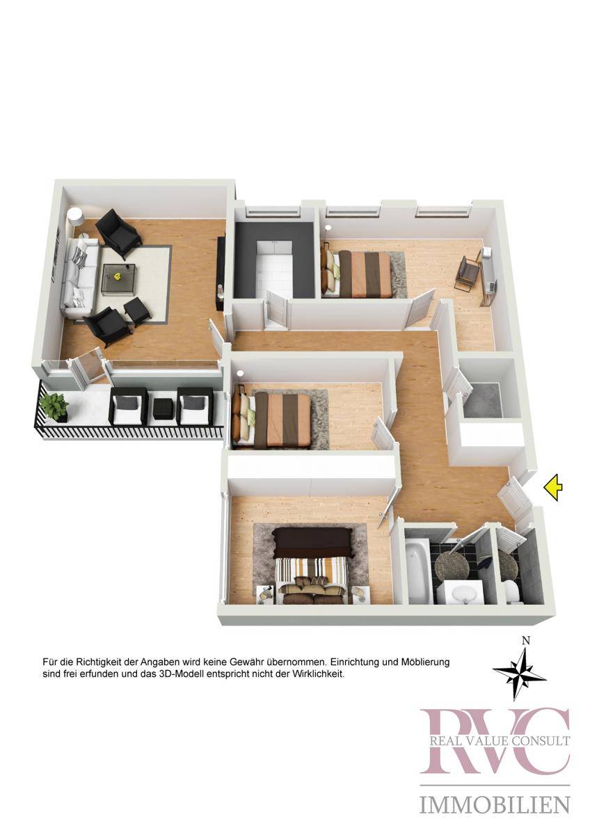 Möblierter 3D-Grundriss der Wohnung mit Wohnzimmer, Schlafzimmern und Loggia.