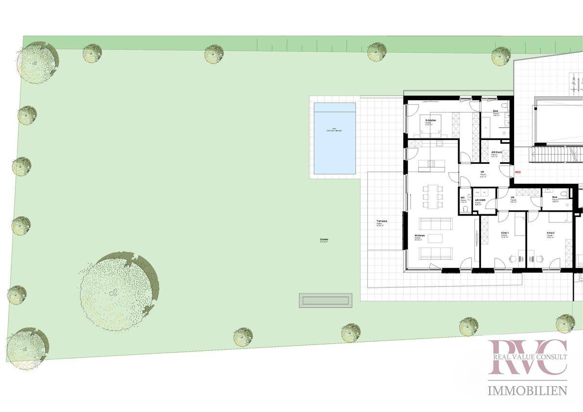 Grundrissplan des Erdgeschosses mit Garten, Pool und weitläufigem Terrassenbereich.