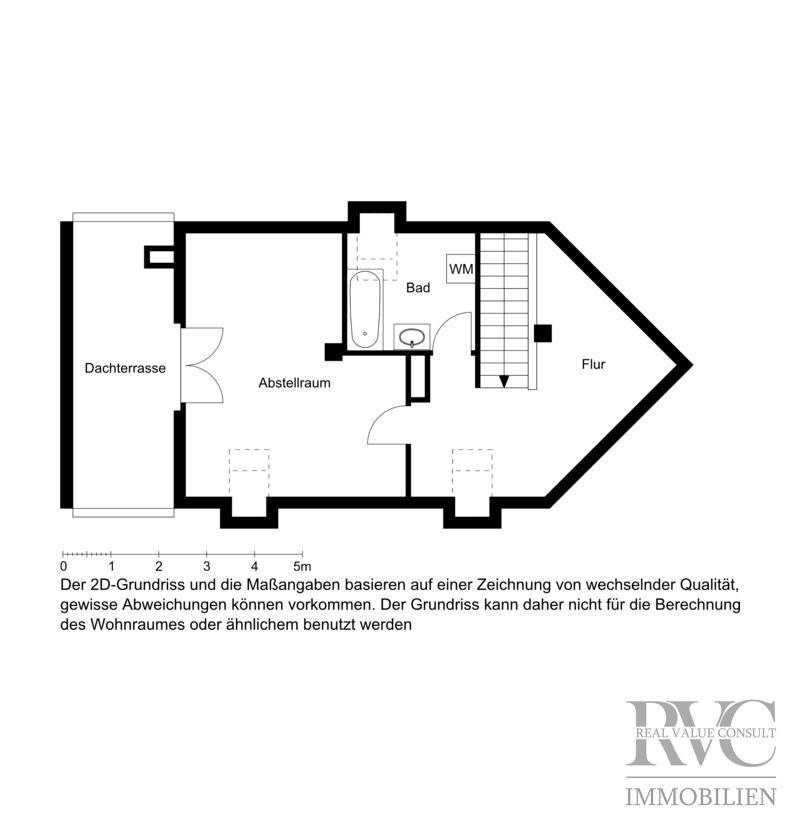 Grundriss der oberen Ebene mit Dachterrasse, Badezimmer, Abstellraum und Flur.