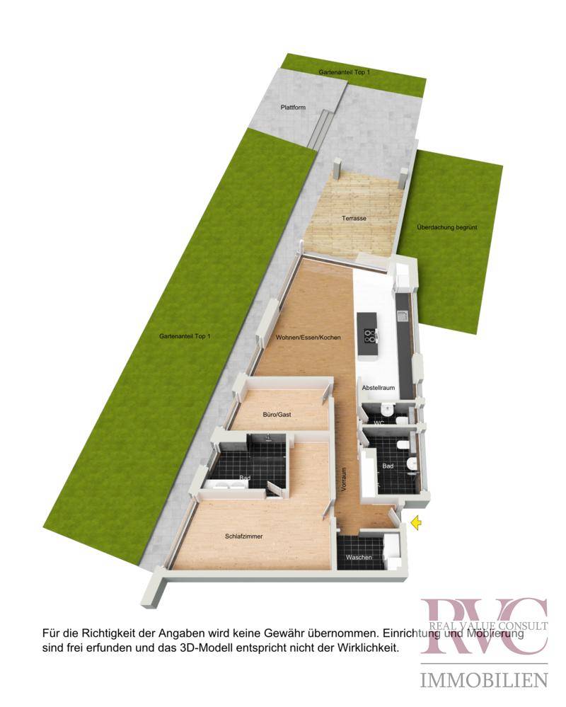 3D-Grundriss einer modernen Wohnung mit Gartenanteil und möblierter Terrasse, inklusive Raumaufteilung.