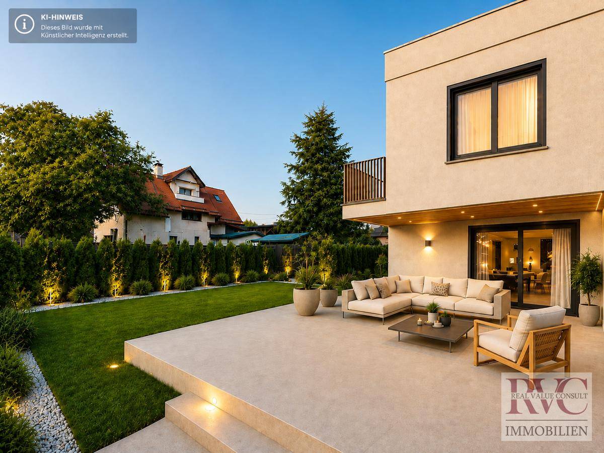 Moderne Villa mit großer Terrasse, stilvollen Gartenmöbeln und gepflegtem Rasenbereich.