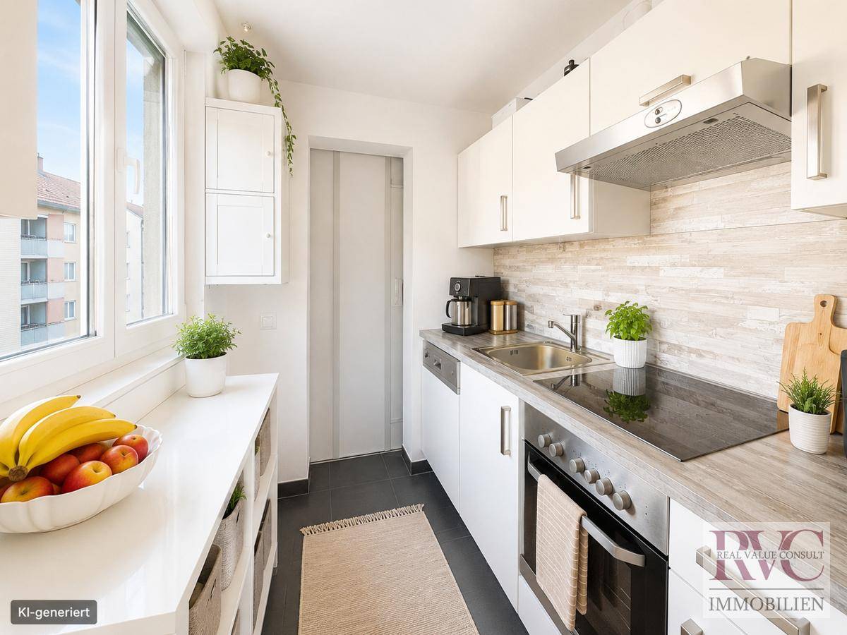 Funktionale Küche mit weißen Schränken, Holz-Arbeitsplatte und Fenster für Tageslicht.