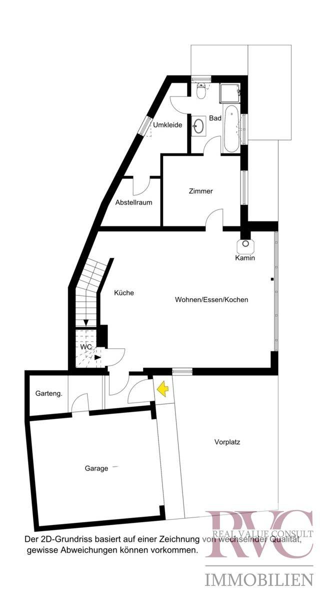 2D-Grundriss des Erdgeschosses mit Wohn-/Ess-/Kochbereich, Bad und Garage.