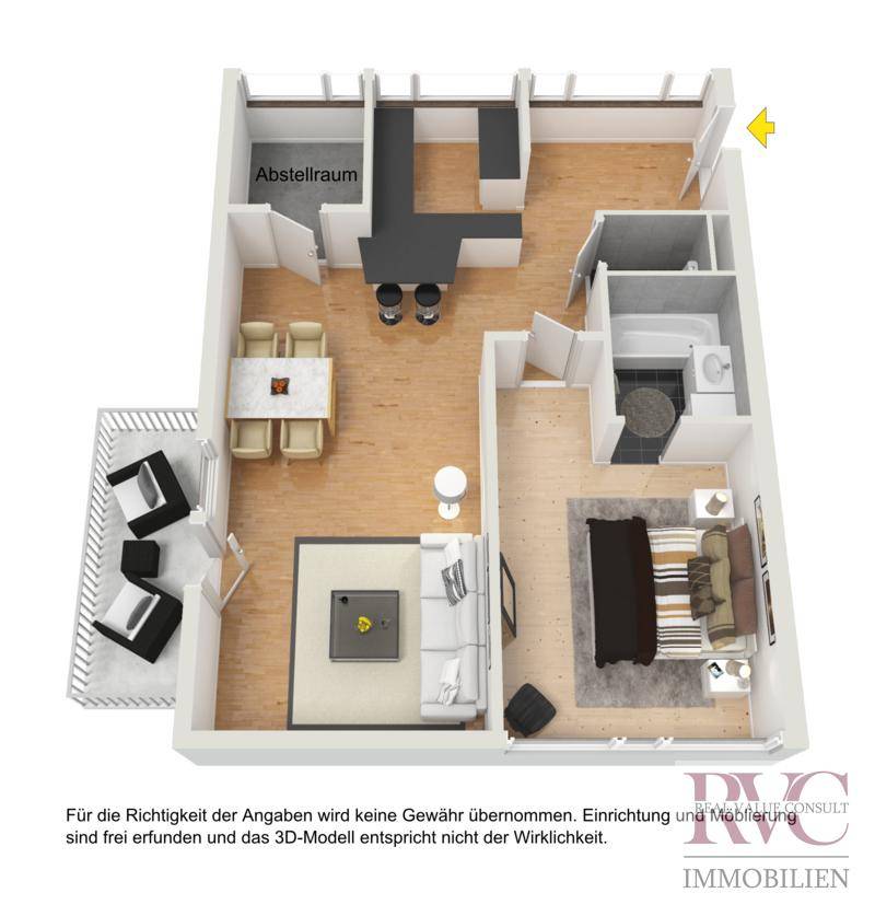 3D-Grundriss der möblierten Wohnung mit offenem Wohnbereich, Schlafzimmer und Loggia.