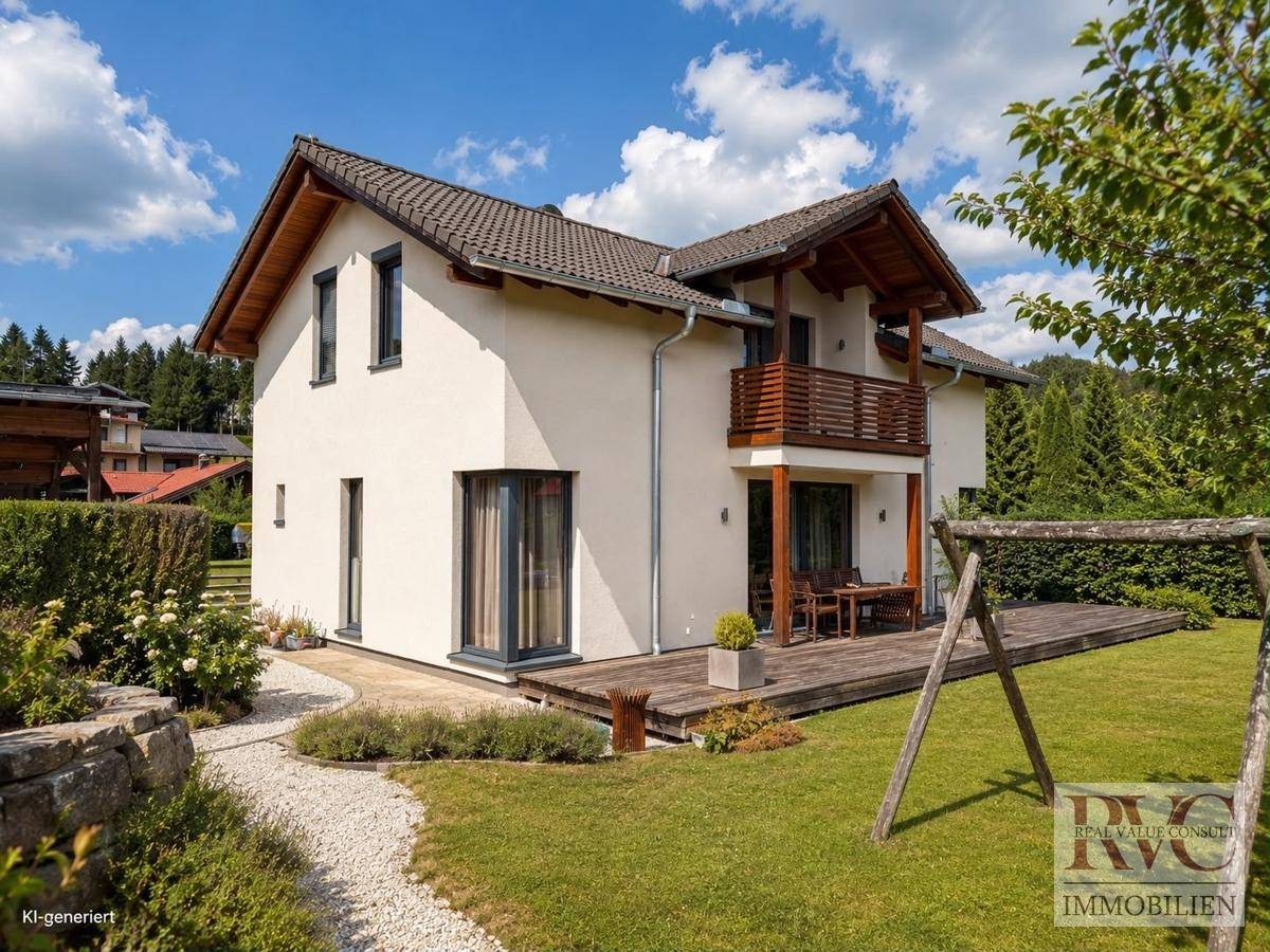 Haus mit großem Garten, Holzterrasse und Schaukel, umgeben von viel Grün.