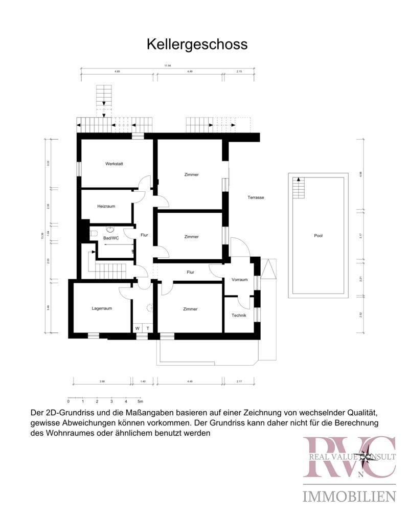 Grundriss des Kellergeschosses mit Werkstatt, Zimmern, Heizraum, Lager und Pool.