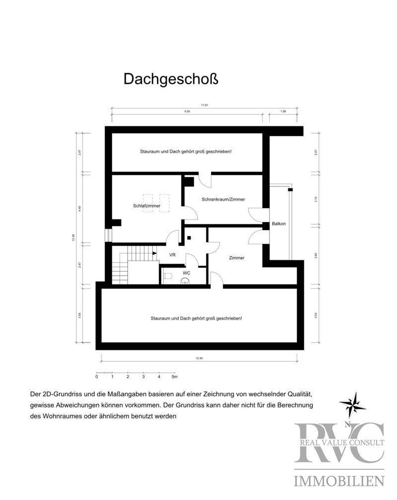 Grundriss des Dachgeschosses mit Schlafzimmern, Abstellraum, WC und Balkon.