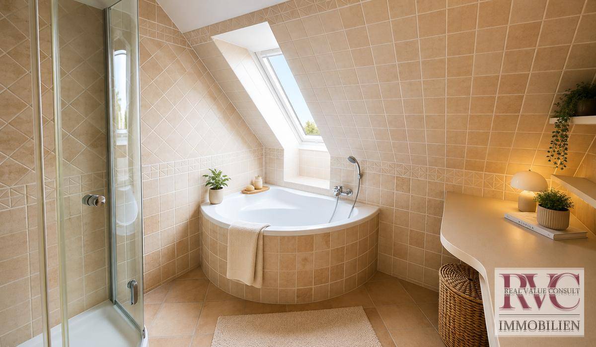 Badezimmer mit beigefarbenen Fliesen, Eckbadewanne, Dusche und Dachfenster für natürliches Licht.