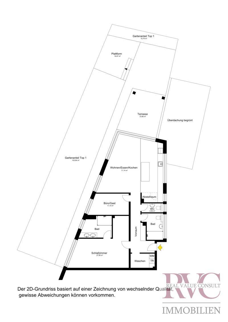 Grundriss einer Wohnung mit offenem Wohnbereich, Schlafzimmer, Büro und großer Terrasse mit Gartenanteil.