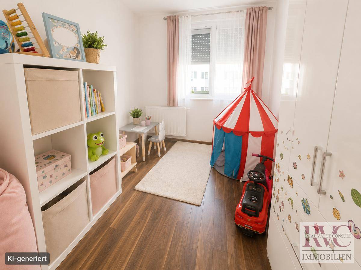 Freundliches Kinderzimmer mit Spielzelt, Regal und Laminatboden.