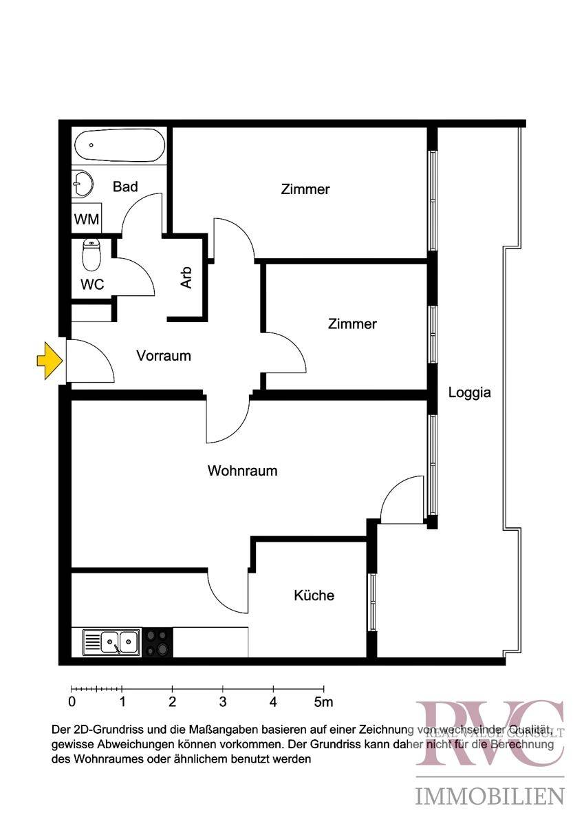 Grundrissplan der Wohnung mit Wohnraum, Küche, Bad, WC, zwei Zimmern und Loggia.