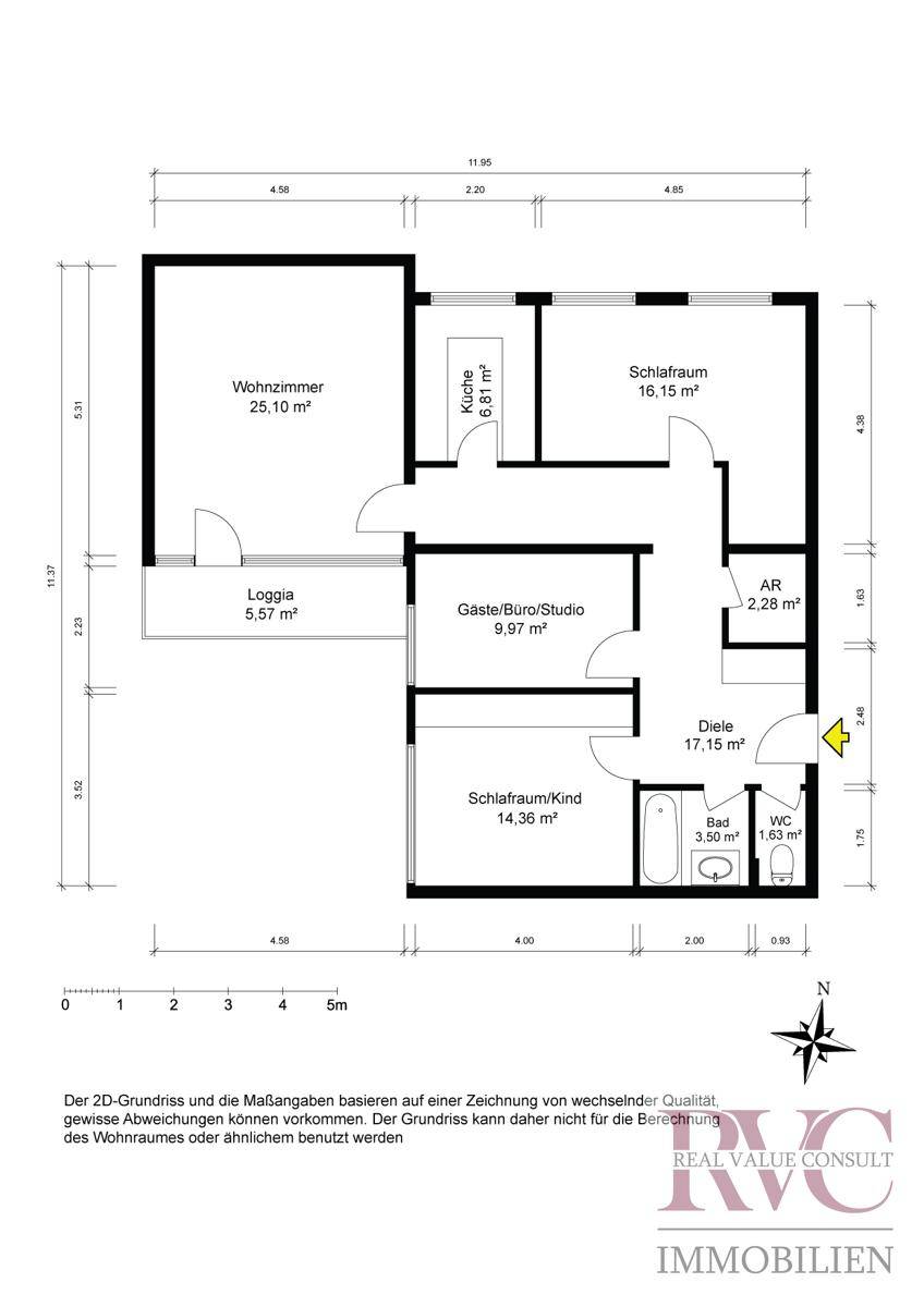 Schwarz-Weiß-Grundriss der Wohnung mit Raummaßen und Loggia.